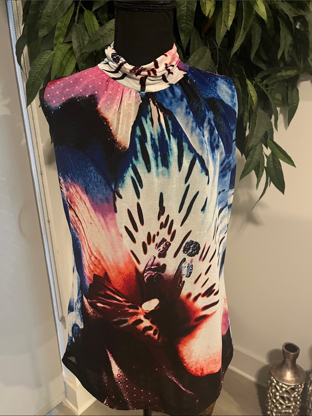 Worthington Blue Pink Coral Twist-Front Mock Neck Top